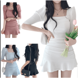 甜美荷葉裙擺方領泡袖針織短洋裝 編號:B279