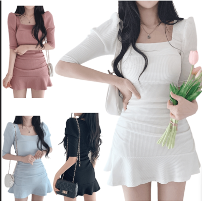 甜美荷葉裙擺方領泡袖針織短洋裝 編號:B279 甜美荷葉裙擺方領泡袖針織短洋裝 編號:B279