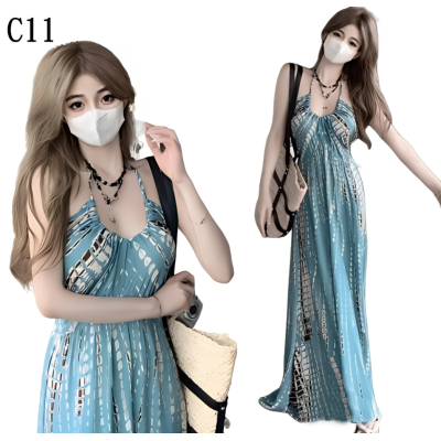 復古掛脖露背氣質大擺吊帶裙 編號:C11