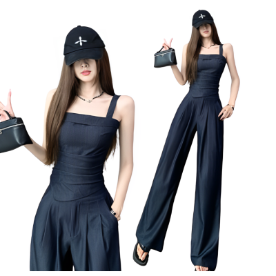 牛仔吊帶背心+高腰直筒闊腿褲兩件套 編號:C150