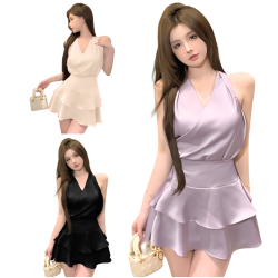 緞面V領無袖背心上衣+高腰蛋糕半身裙兩件套 編號:C99