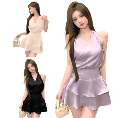 緞面V領無袖背心上衣+高腰蛋糕半身裙兩件套 編號:C99