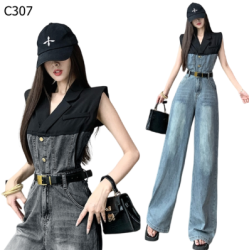 無袖拼接牛仔連身褲(附腰帶) 編號:C307