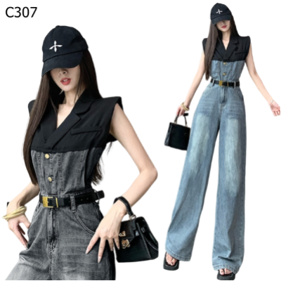 無袖拼接牛仔連身褲(附腰帶) 編號:C307