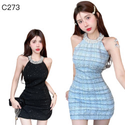 藍色手工釘珠鑽小香風短裙編織掛脖背心連身裙編號:C273