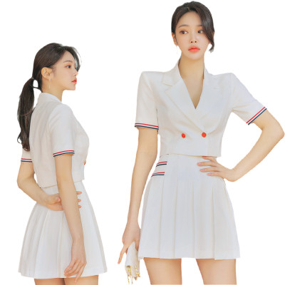 西裝領雙排扣織帶短袖上衣 高腰百褶裙兩件套編號:C300