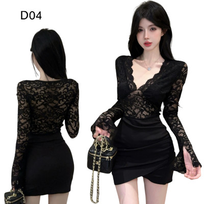 蕾絲V領長袖褶皺顯瘦包臀裙 編號:D04