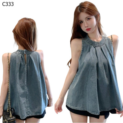 復古褶皺無袖背心掛脖上衣編號:C333