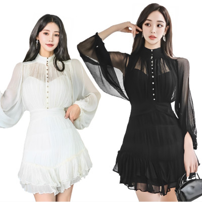 直排釦燈籠袖荷葉邊散擺連衣裙 編號:C147