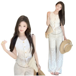 鏤空蕾絲馬甲褲子兩件套裝氣質百搭寬鬆編號:C260 鏤空蕾絲馬甲褲子兩件套裝氣質百搭寬鬆編號:C260