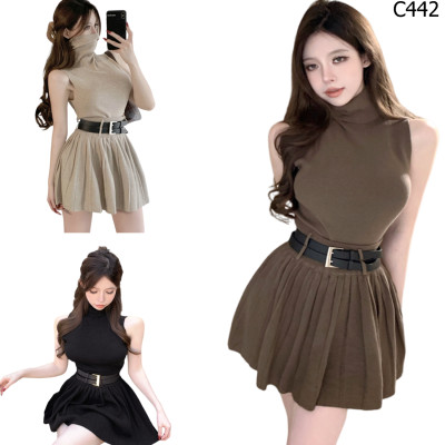 高領無袖背心+高腰百褶裙編號:C442