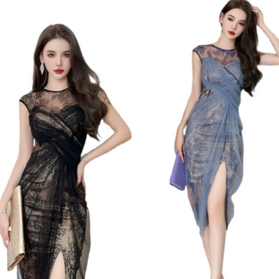 設計感包臀蕾絲長裙名媛圓領修身網紗開連身裙編號:C263