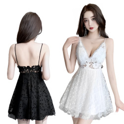 V領吊帶蕾絲鏤空露背連衣裙 編號:C110