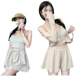 休閒開衫+吊帶+裙褲 三件式套裝 編號:B211