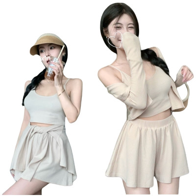 休閒開衫+吊帶+裙褲 三件式套裝 編號:B211