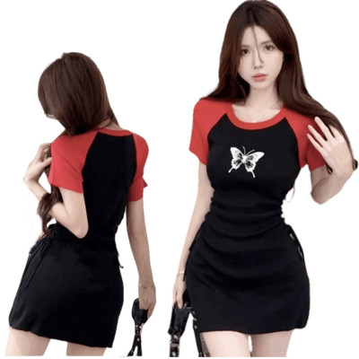 圓領撞色短袖連衣裙 編號:B278