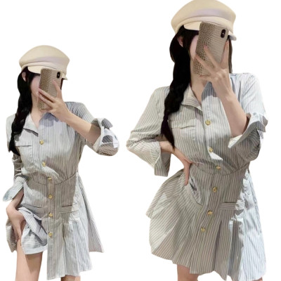 高品質 polo領藍色條紋連衣裙 編號:B321