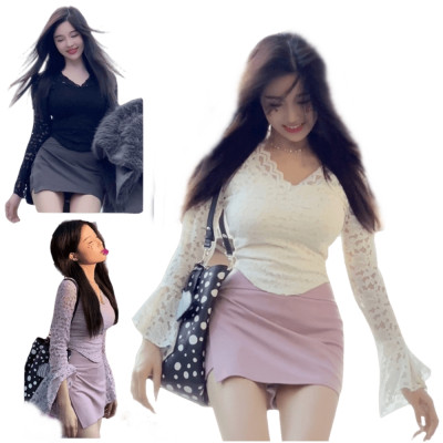 V領不規則長袖蕾絲上衣+防走光褲裙 編號:B392