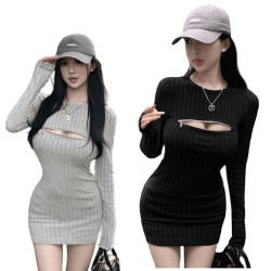 圓領拉鍊性感長袖連身裙 編號:B395