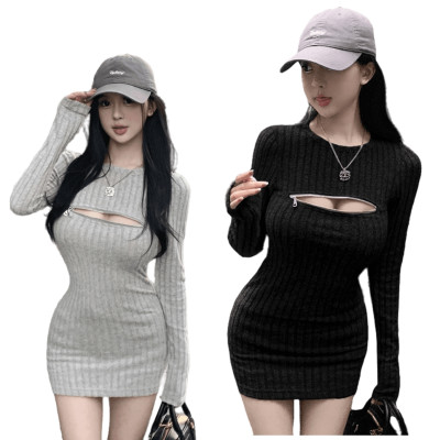 圓領拉鍊性感長袖連身裙 編號:B395