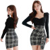 方領格子拼接修身性感連身裙 編號:B402