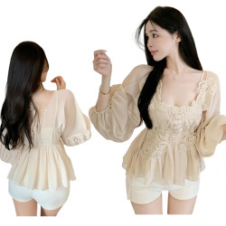 露背繫帶方領雪紡上衣+吊帶背心+短褲 編號:B447