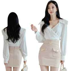 V領長袖上衣+高腰裙套裝 編號:B465