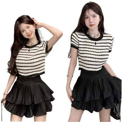 撞色短版上衣+百折蛋糕裙 套裝 編號:B468