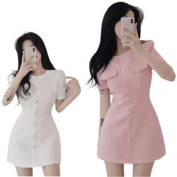 單排扣泡泡短袖粗花尼連身裙 編號:B473