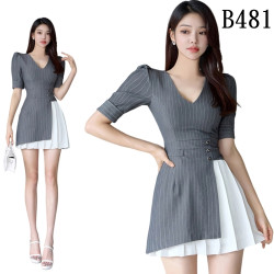 V領條紋壓褶連身裙 編號:B481