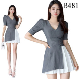 V領條紋壓褶連身裙 編號:B481