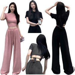 設計感後背簍空T恤+高腰休閒闊腿褲兩件套 編號:C16