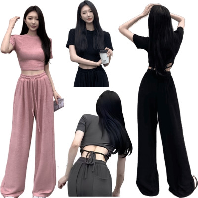 設計感後背簍空T恤+高腰休閒闊腿褲兩件套 編號:C16