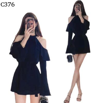 黑色露肩掛脖洋裝荷葉邊喇叭袖襯衫裙包臀短裙編號:C376