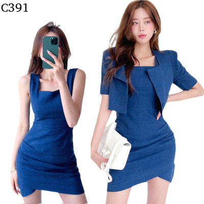 亞麻方領背心不規則洋裝+短外套 套裝編號:C391