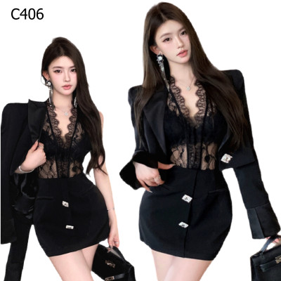 蕾丝拼接高腰连衣裙+短款西装外套 套装編號:C406