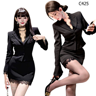 氣質時尚長袖拼接蕾絲設計感西裝外套+蕾絲半裙套裝編號:C425