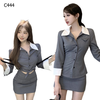 撞色九分袖單排扣襯衫+短裙套裝編號:C444