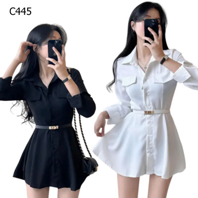 翻領長袖收腰襯衣洋裝 編號:C445