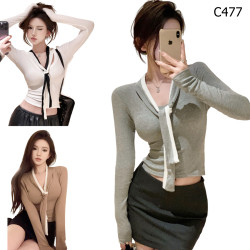 V領長袖拼接領帶針織衫毛衣設計感編號:C477