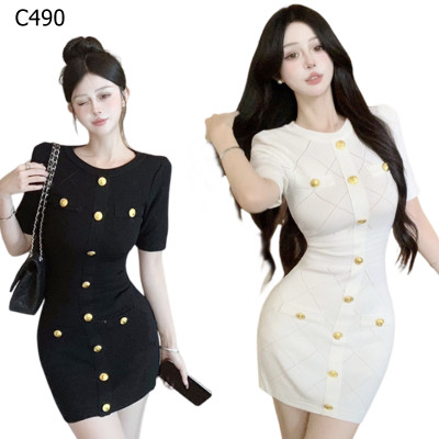 簡約風法式復古修身針織洋裝短裙編號:C490