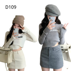 字母圓領短款毛衣+毛呢半身裙套裝 編號:D109