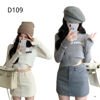 字母圓領短款毛衣+毛呢半身裙套裝 編號:D109