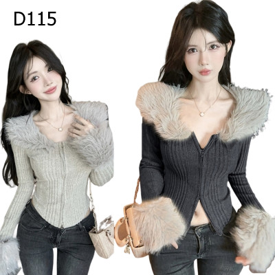 辣妹風秋冬毛毛領短款修身針織外套 編號:D115