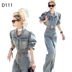 港風復古牛仔短外套+寬腿長褲兩件套 編號:D111