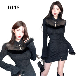 新中式辣妹黑色毛毛拼接旗袍收腰包臀裙 編號:D118