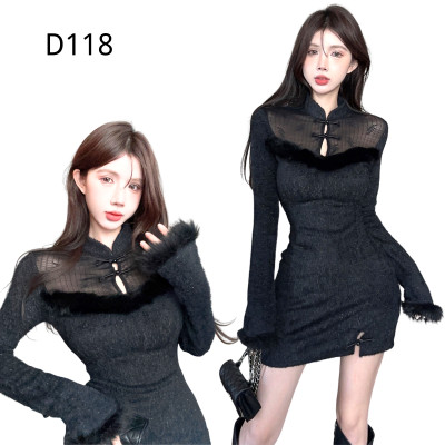 新中式辣妹黑色毛毛拼接旗袍收腰包臀裙 編號:D118