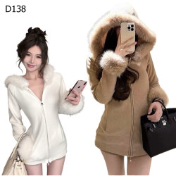 毛毛拼接連帽加厚短款針織外套 編號:D138