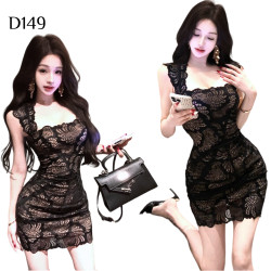 蕾絲掛脖提花包臀黑色連衣裙 編號:D149