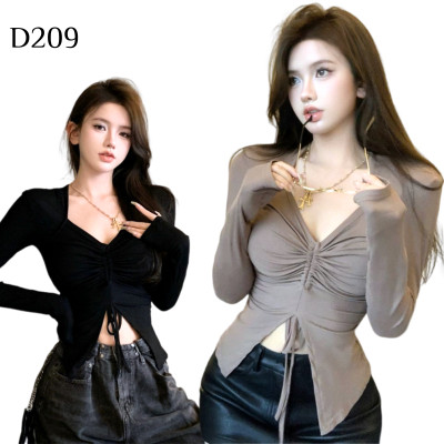 抽繩褶皺露臍收腰長袖T恤 編號:D209